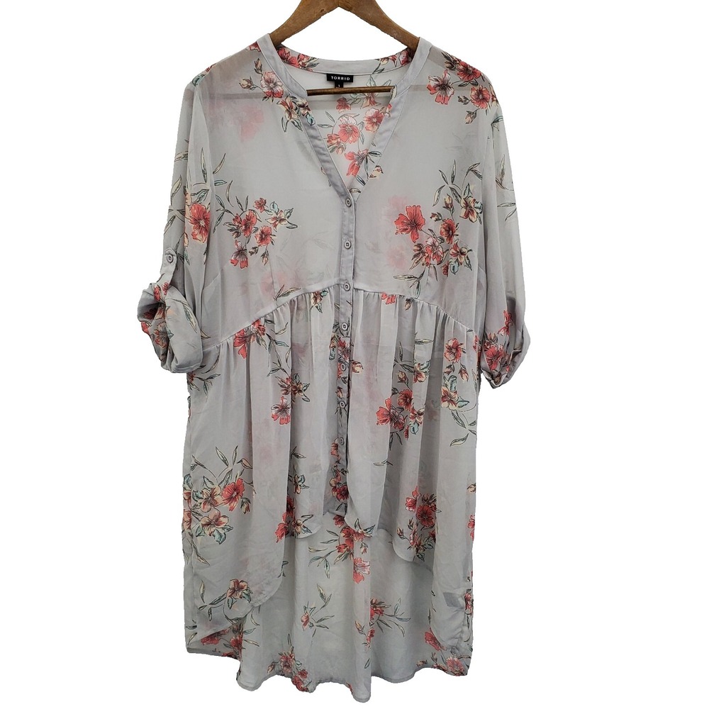 Torrid Gray Floral Button‎ Blouse Tunic Hi-Low Roll Tab Sleeve Womens Size 1X
